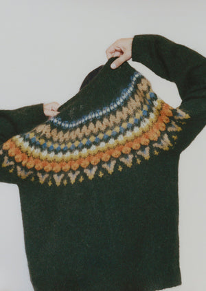Brushed Mohair Wool Patterned Yoke Sweater | Peacock Multi