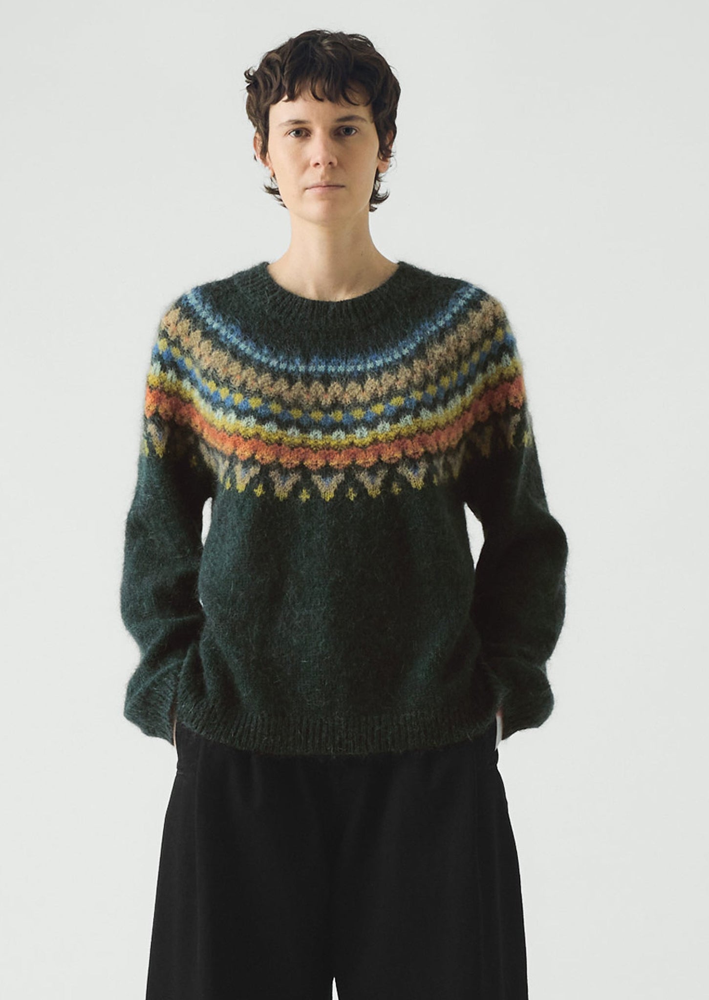 Brushed Mohair Wool Patterned Yoke Sweater | Peacock Multi