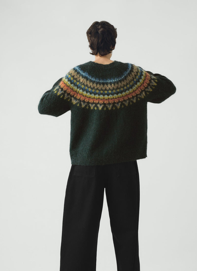 Brushed Mohair Wool Patterned Yoke Sweater | Peacock Multi