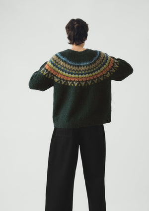 Brushed Mohair Wool Patterned Yoke Sweater | Peacock Multi
