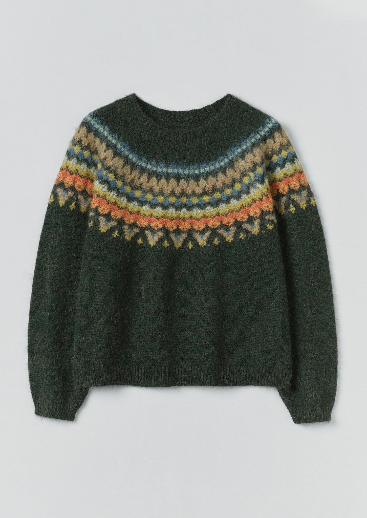 Brushed Mohair Wool Patterned Yoke Sweater | Peacock Multi