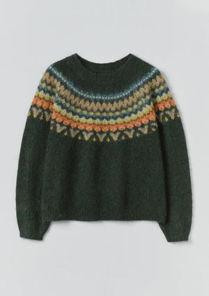 Brushed Mohair Wool Patterned Yoke Sweater | Peacock Multi