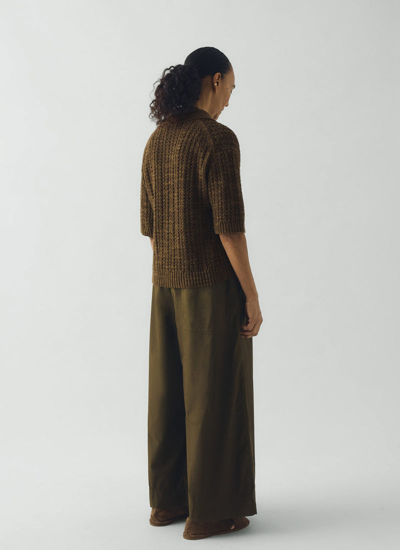 Open Stitch Knitted Linen Cotton Polo | Bronze Green