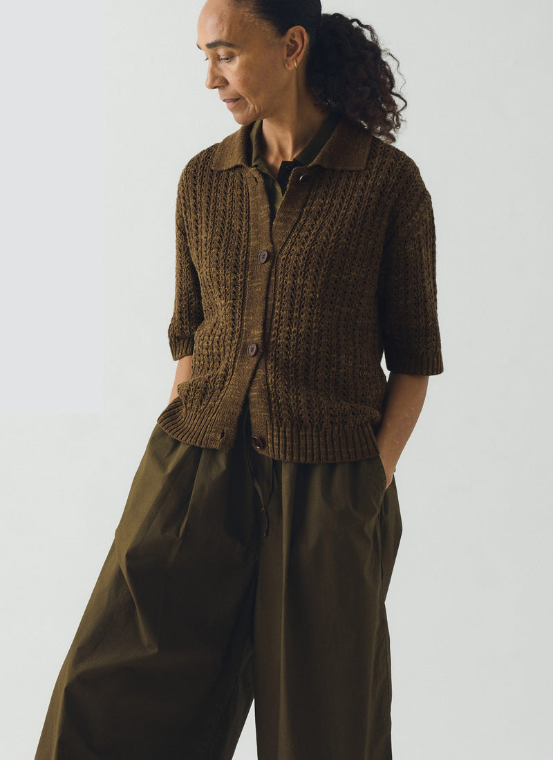 Open Stitch Knitted Linen Cotton Polo | Bronze Green