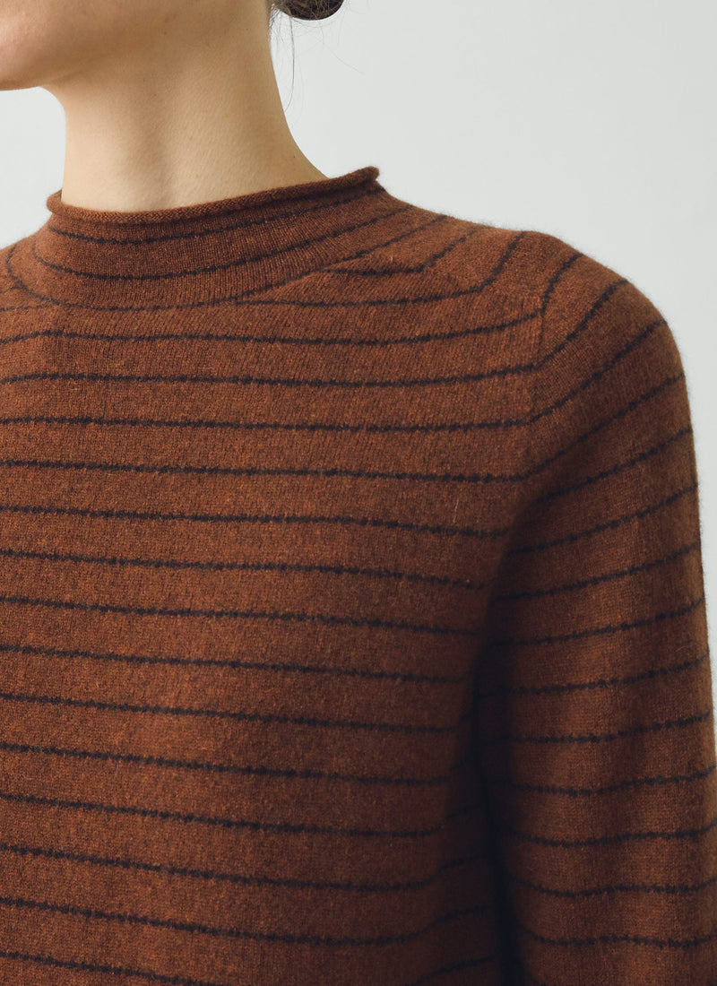 Fine Stripe Wool Cashmere Half Sleeve Sweater | Russet/Brown