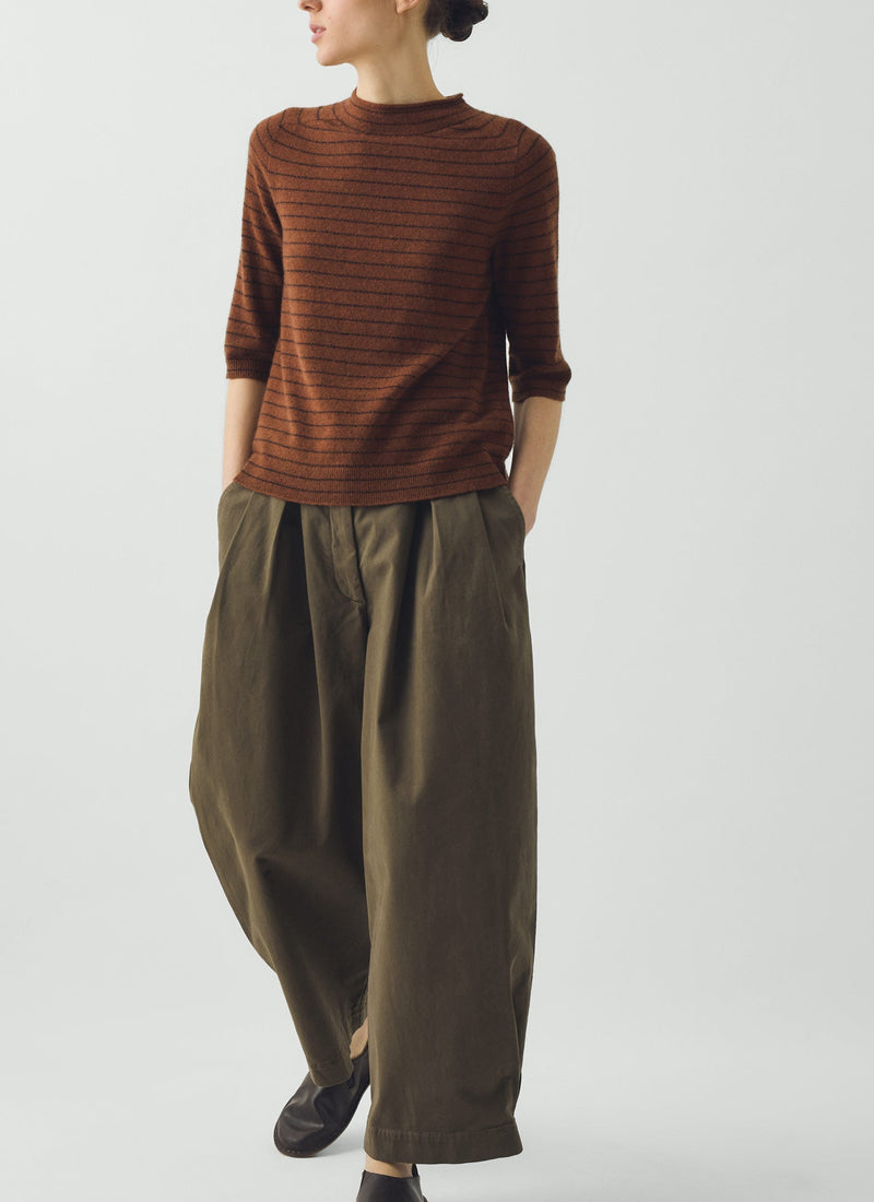 Fine Stripe Wool Cashmere Half Sleeve Sweater | Russet/Brown