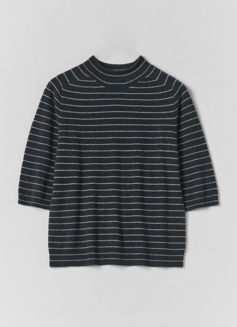 Fine Stripe Wool Cashmere Half Sleeve Sweater | Navy/Camel