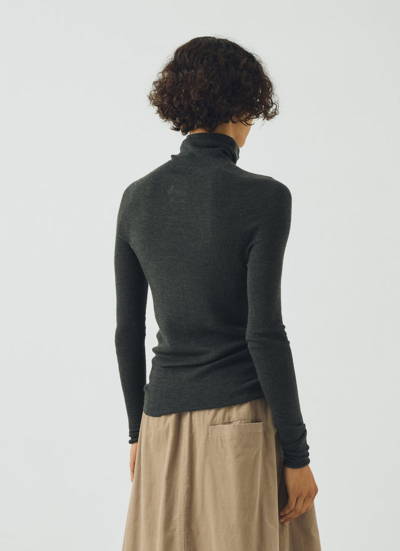 High Neck Wool Cashmere Fine Ribbed Sweater | Deep Forest