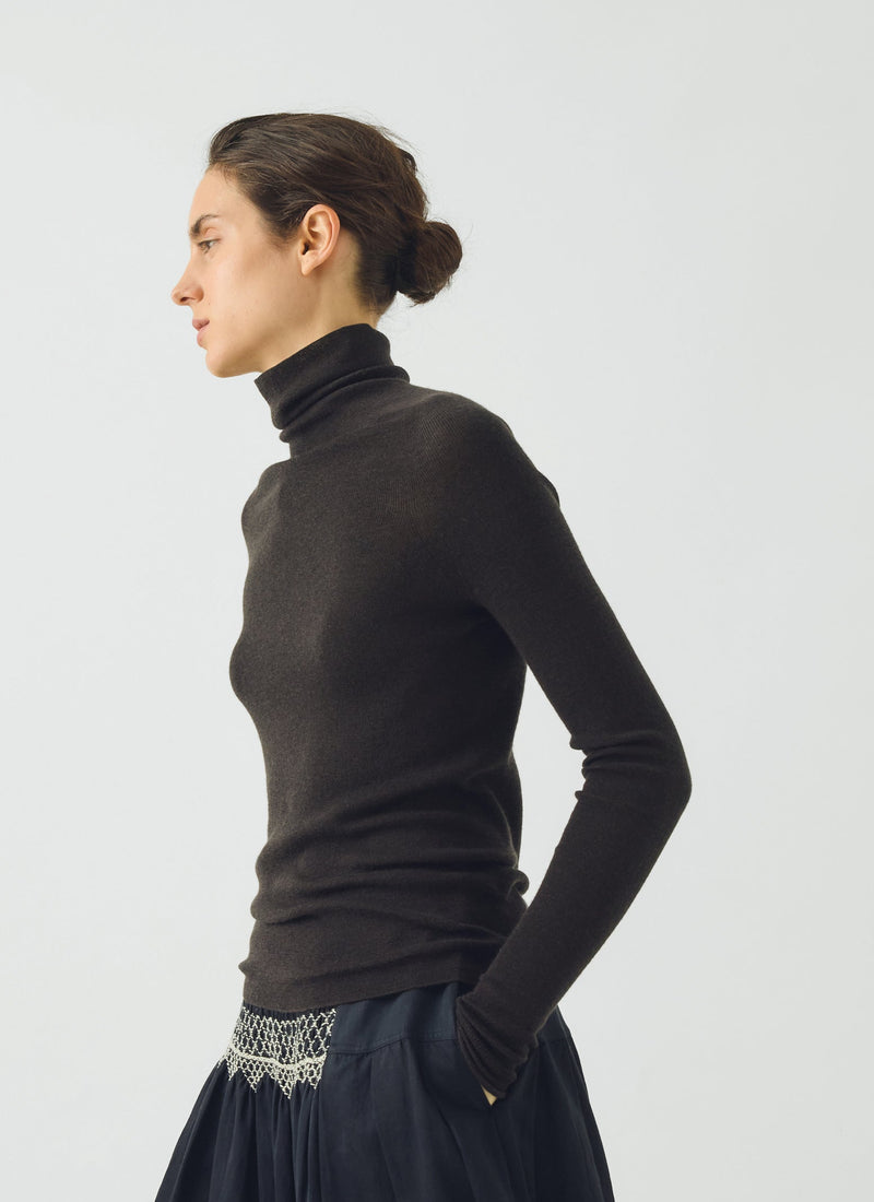 High Neck Wool Cashmere Fine Ribbed Sweater | Brown Umber