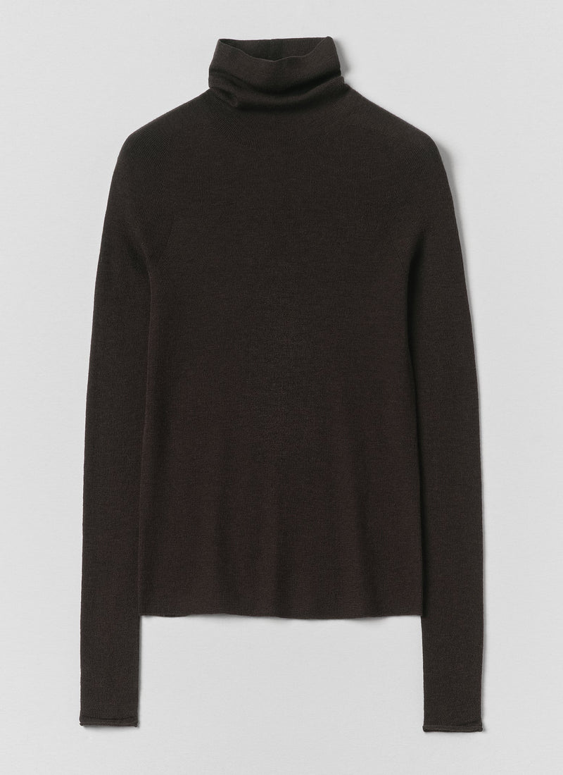 High Neck Wool Cashmere Fine Ribbed Sweater | Brown Umber