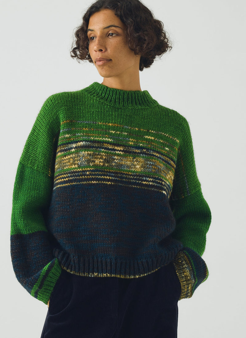 Colour Block Hand Framed Wool Sweater | Green Multi