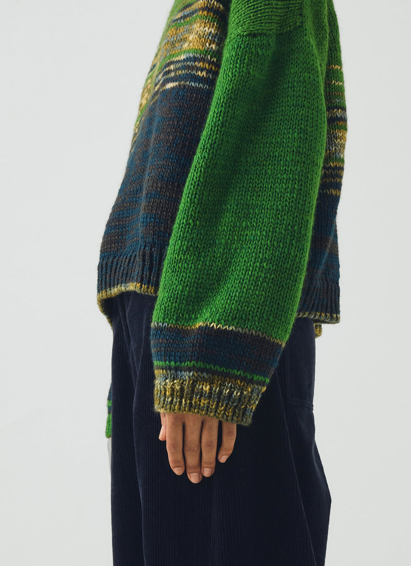Colour Block Hand Framed Wool Sweater | Green Multi