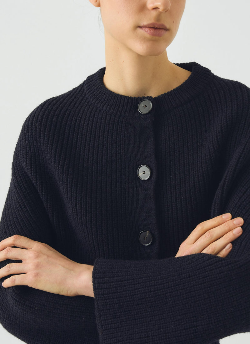 Ribbed Wool Rounded Cardigan | Dark Navy