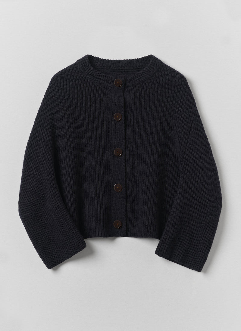 Ribbed Wool Rounded Cardigan | Dark Navy