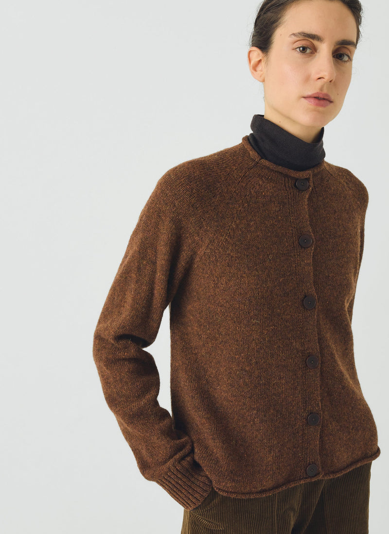 Heathery Wool High Neck Cardigan | Tobacco