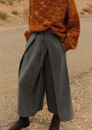 Wool Flannel Tie Front Culottes | Grey Melange