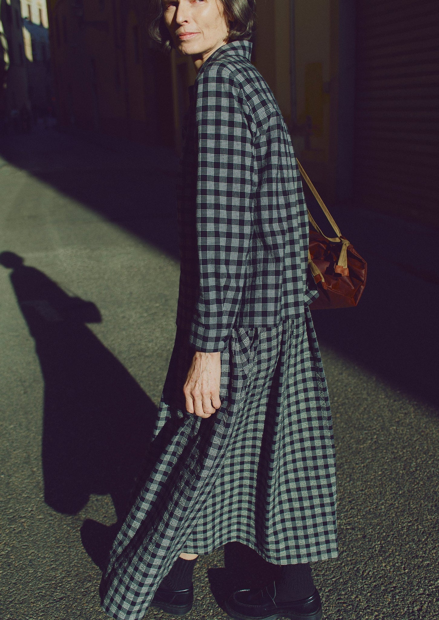 Binding Check Cotton Seersucker Skirt | Black/Ecru