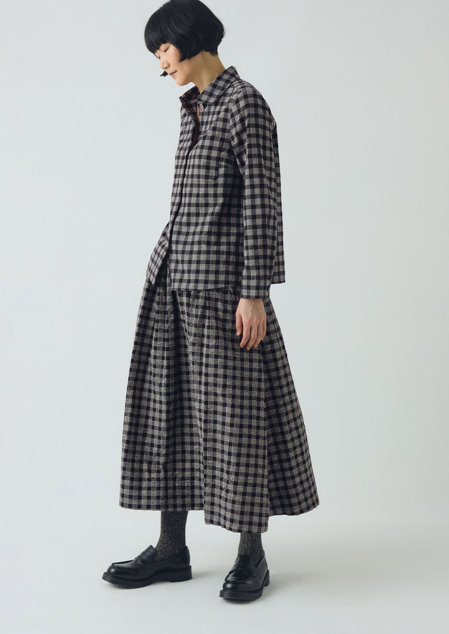 Binding Check Cotton Seersucker Skirt | Black/Ecru