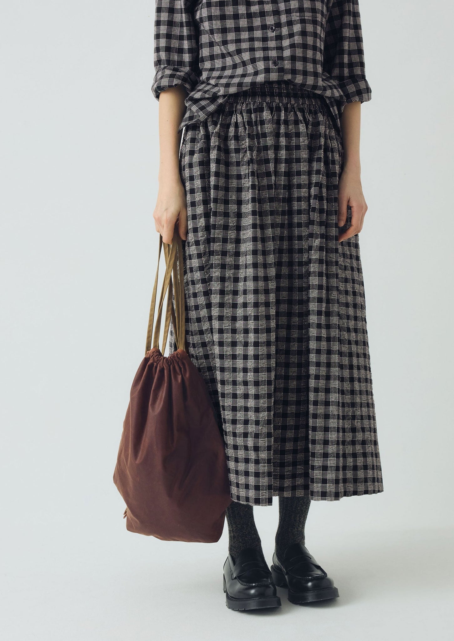 Binding Check Cotton Seersucker Skirt | Black/Ecru