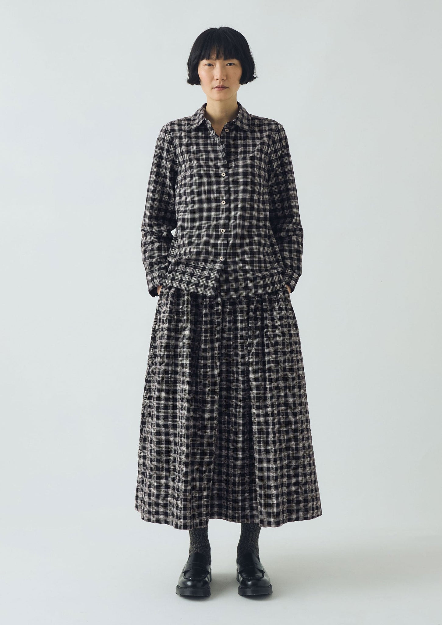 Binding Check Cotton Seersucker Skirt | Black/Ecru