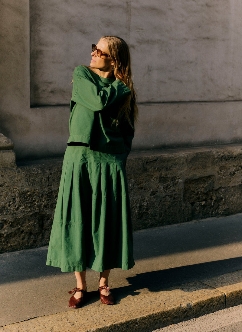 Panelled Cotton Linen Poplin Skirt | Forest Green
