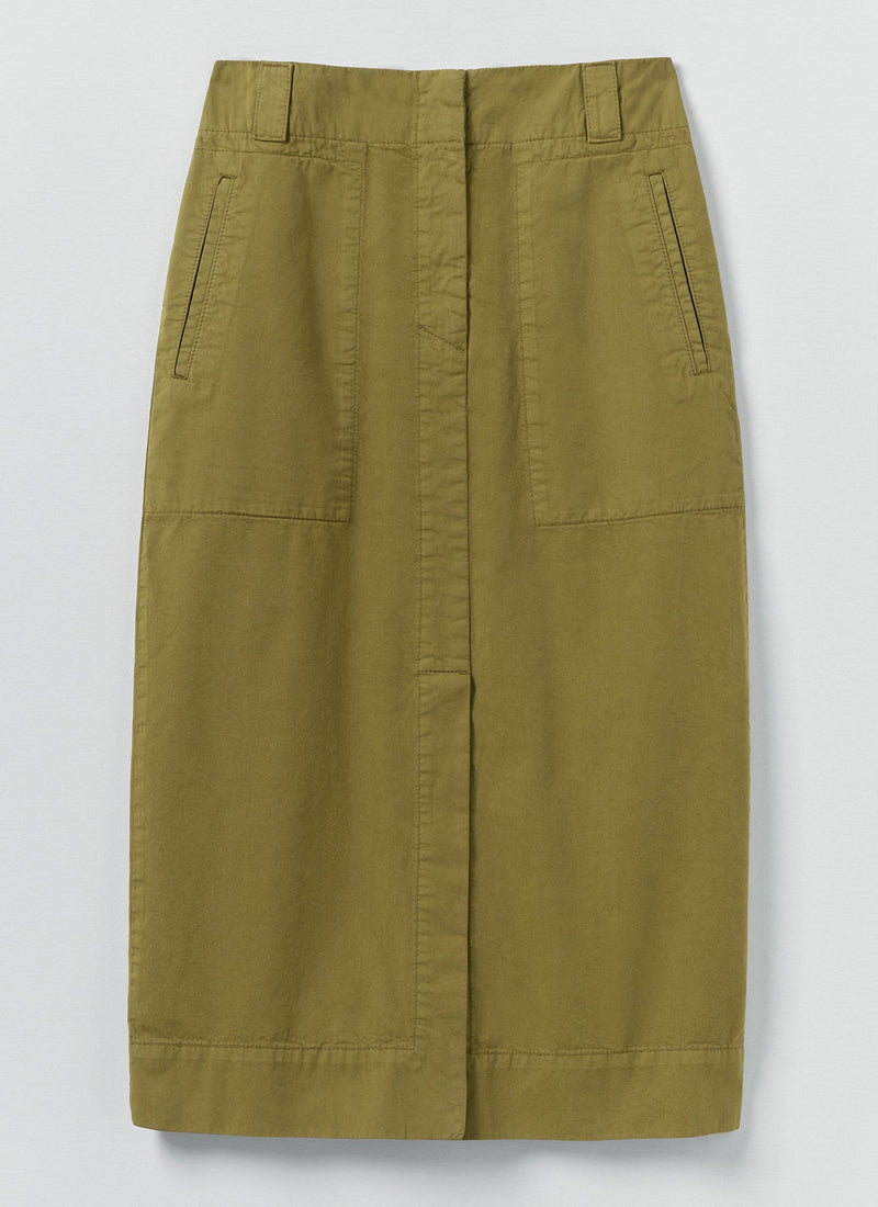 Straight Cotton Twill Skirt | Warm Olive