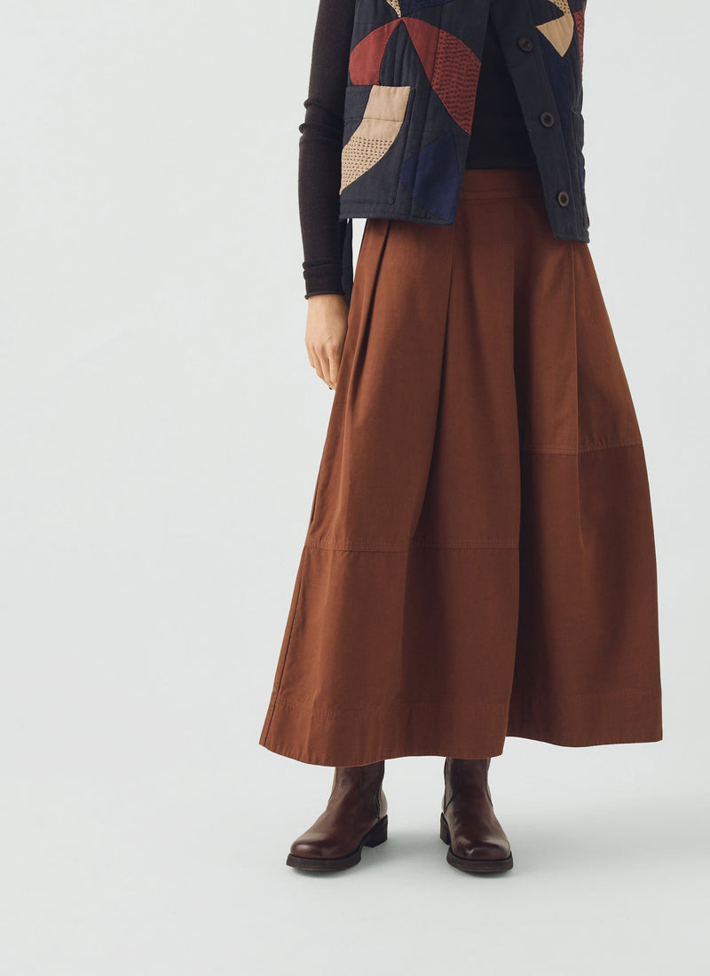 Slanted Pleat Cotton Skirt | Brick