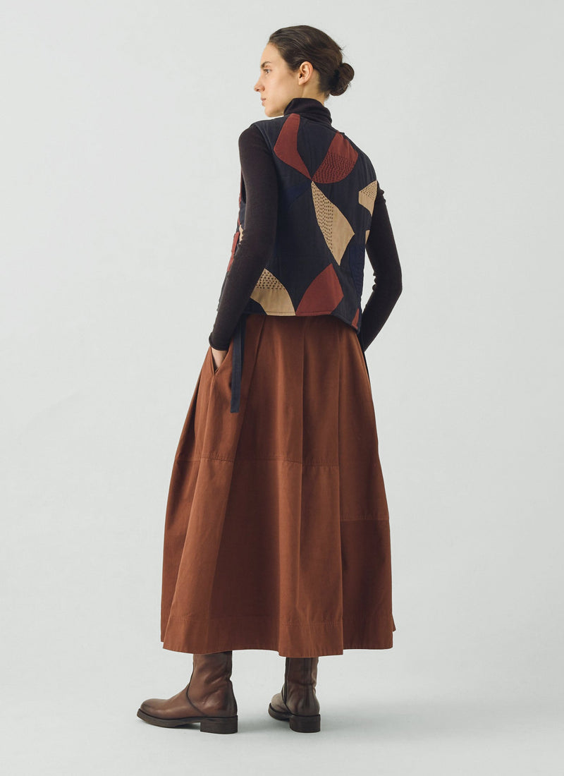 Slanted Pleat Cotton Skirt | Brick