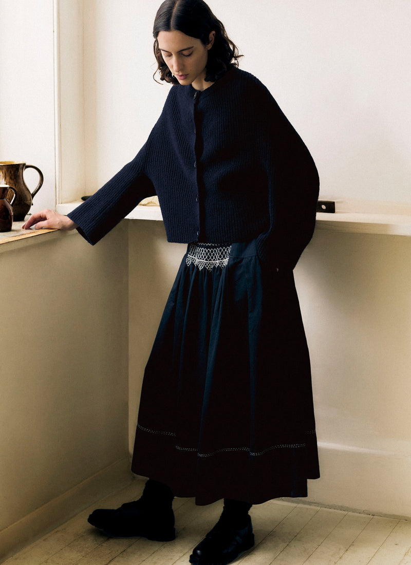 Cotton Satin Smocked Skirt | Midnight