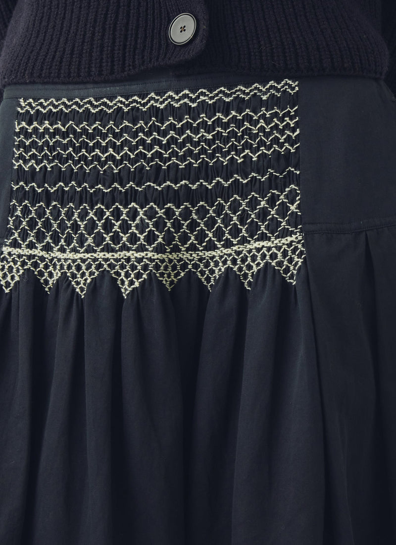 Cotton Satin Smocked Skirt | Midnight