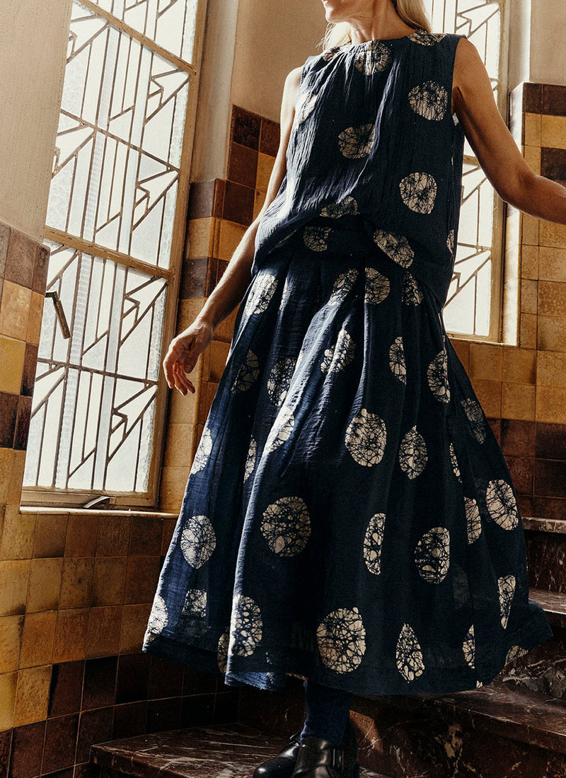 Batik Dot Cotton Silk Pleated Skirt | Dark Midnight