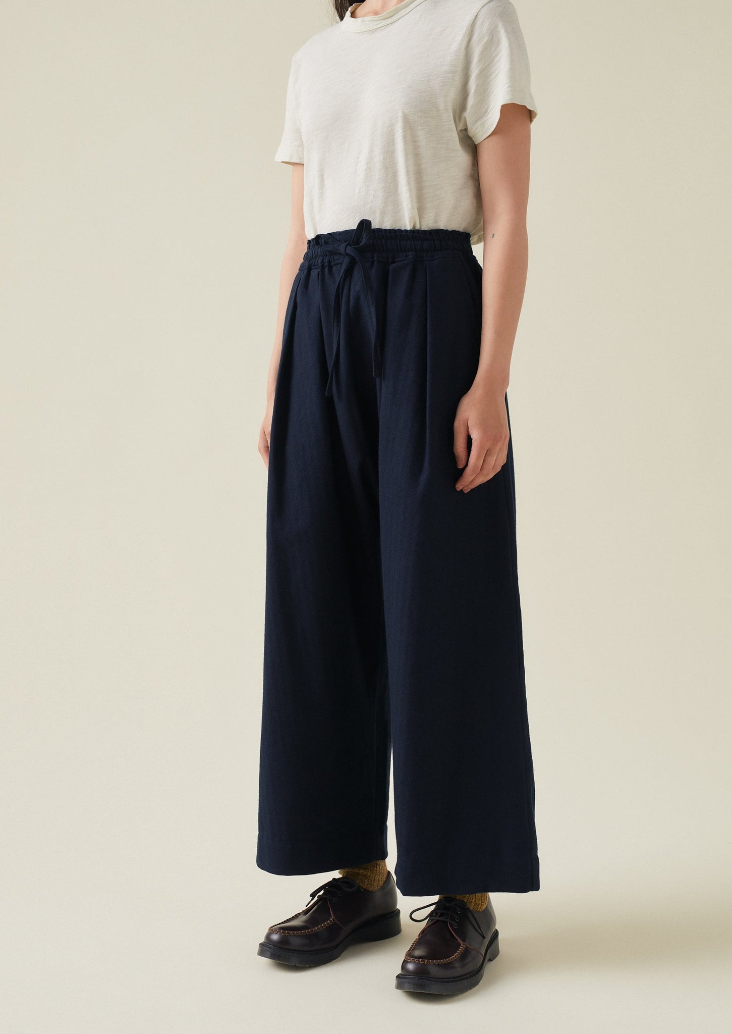 Cotton Wool Herringbone Pull On Trousers | Dark Navy