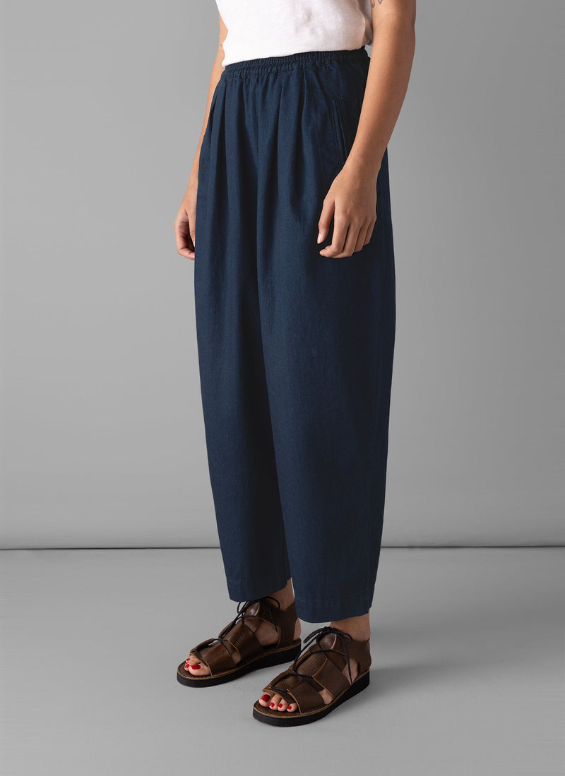 Indigo Cotton Twill Barrel Leg Trousers | Indigo