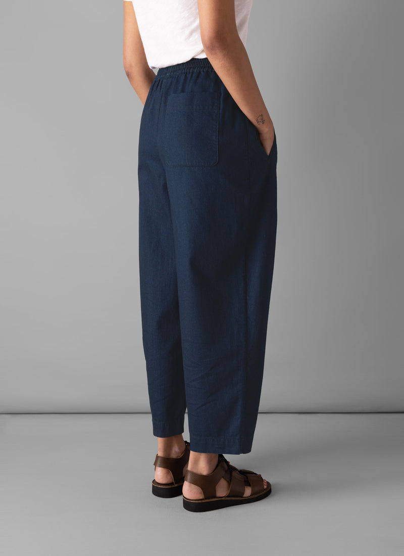 Indigo Cotton Twill Barrel Leg Trousers | Indigo