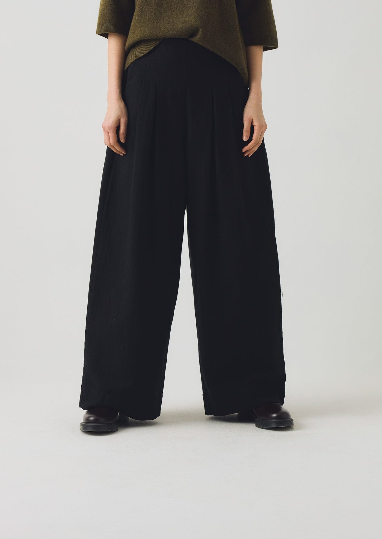 Corinne Wool Cotton Herringbone Wide Leg Trousers | Black