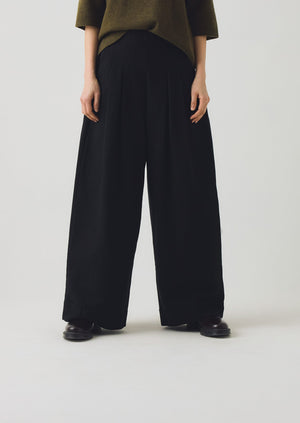 Corinne Wool Cotton Herringbone Wide Leg Trousers | Black