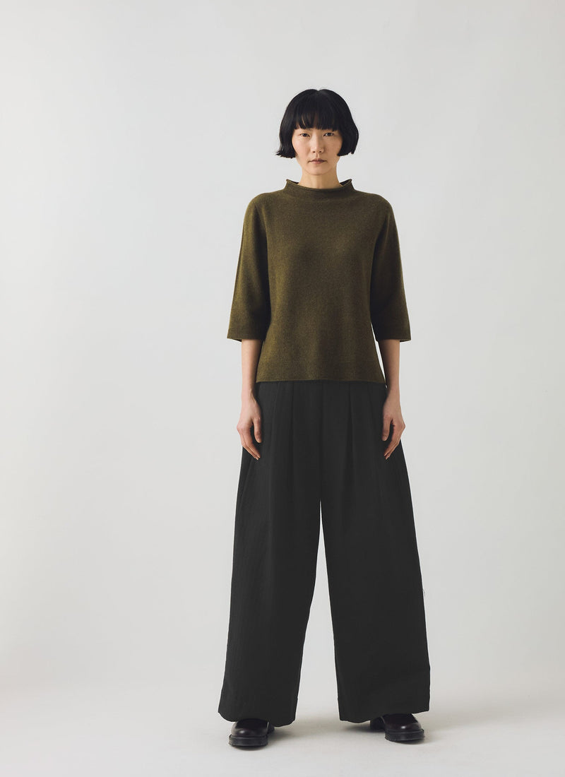 Corinne Wool Cotton Herringbone Wide Leg Trousers | Black