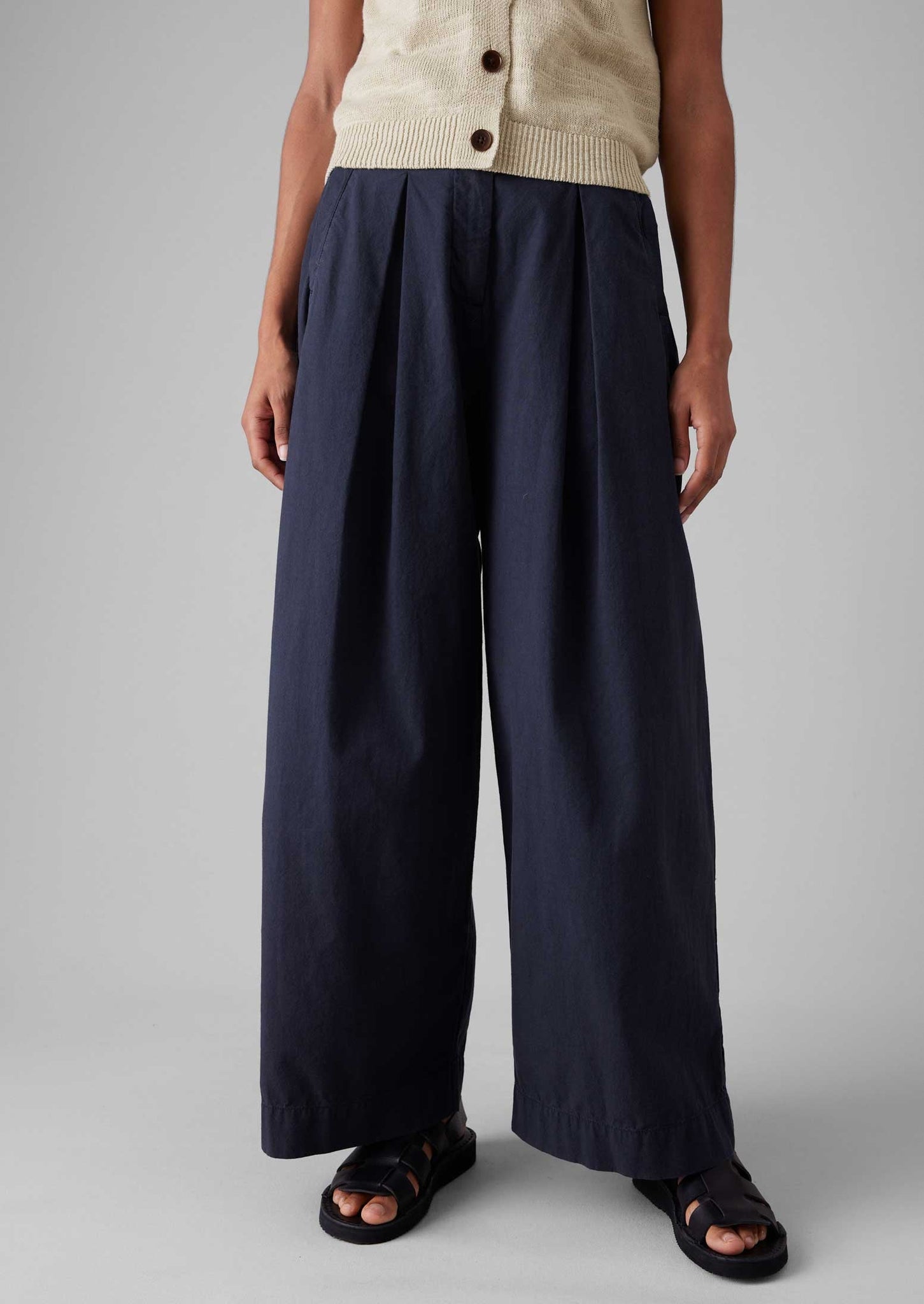 Belted Cotton Linen Poplin Wide Leg Trousers | Raven Blue