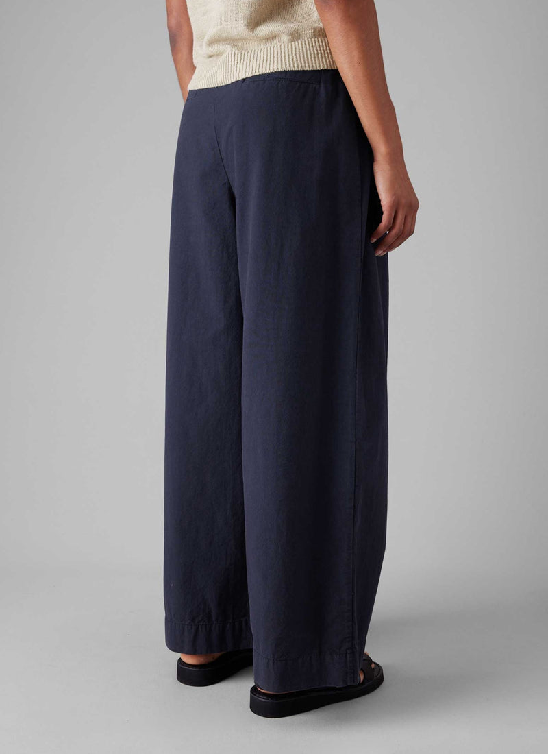 Belted Cotton Linen Poplin Wide Leg Trousers | Raven Blue
