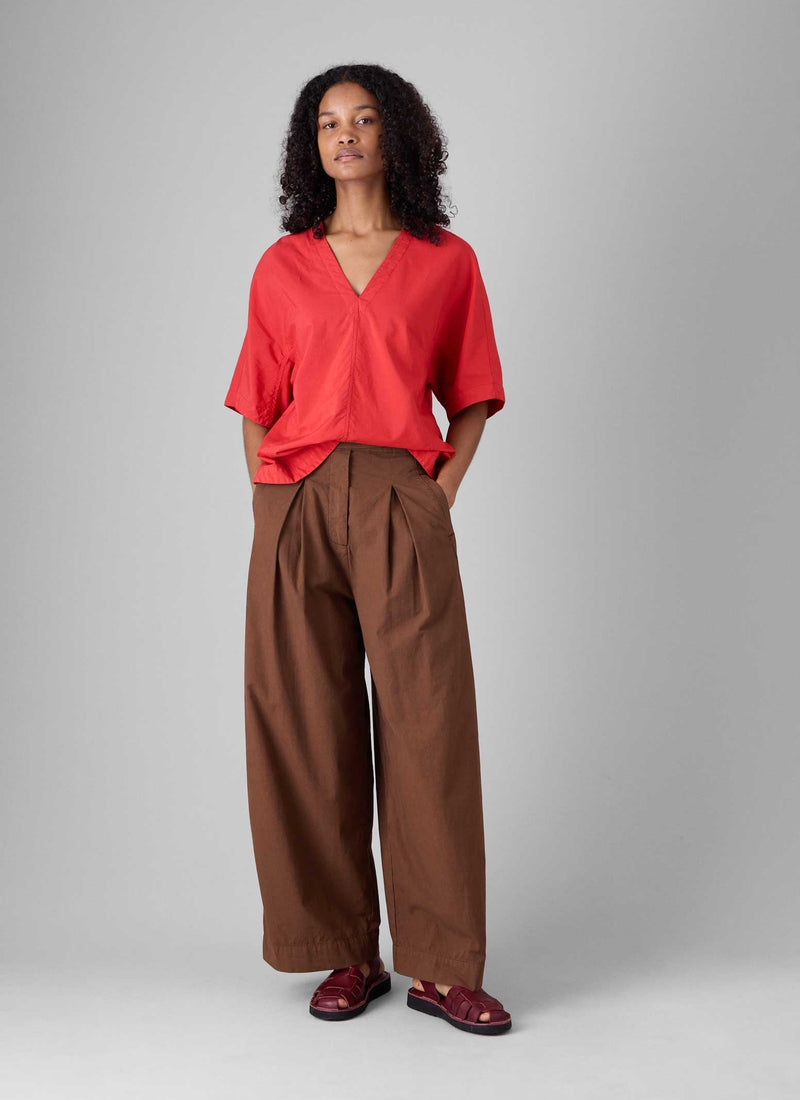 Belted Cotton Linen Poplin Wide Leg Trousers | Brown Ochre