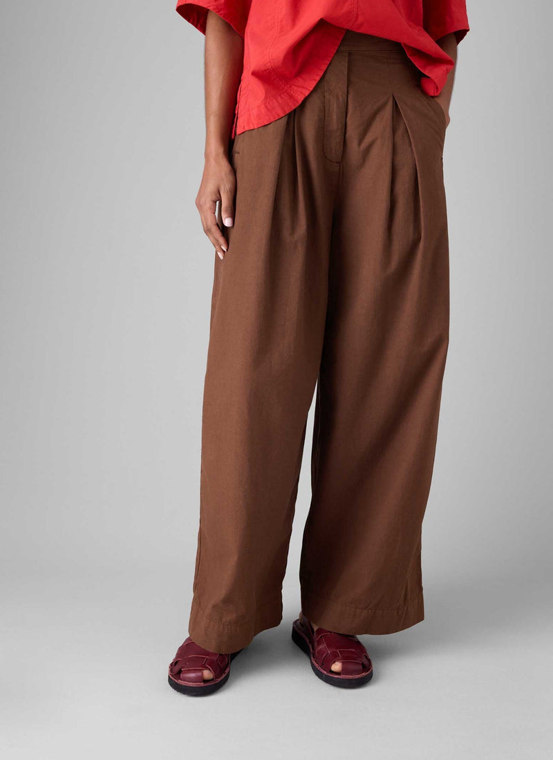 Belted Cotton Linen Poplin Wide Leg Trousers | Brown Ochre