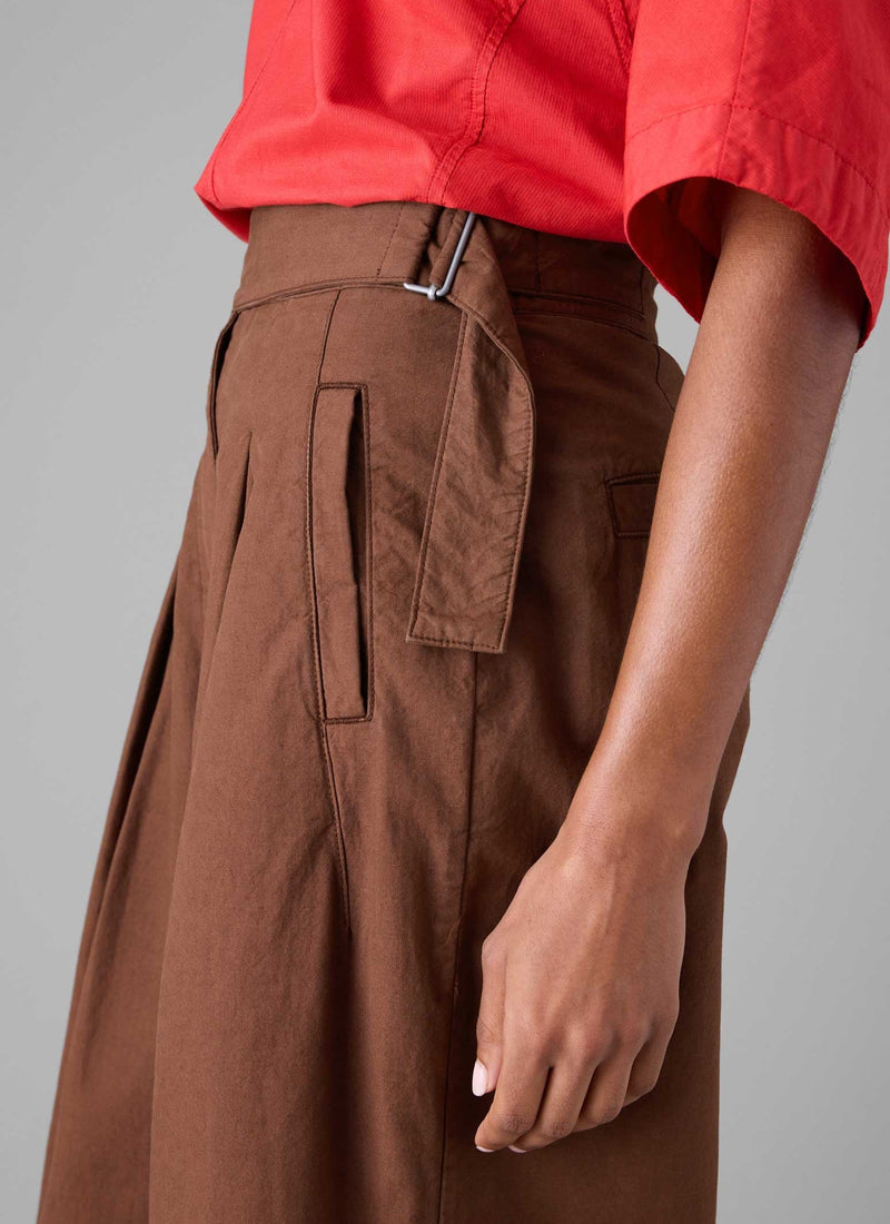 Belted Cotton Linen Poplin Wide Leg Trousers | Brown Ochre