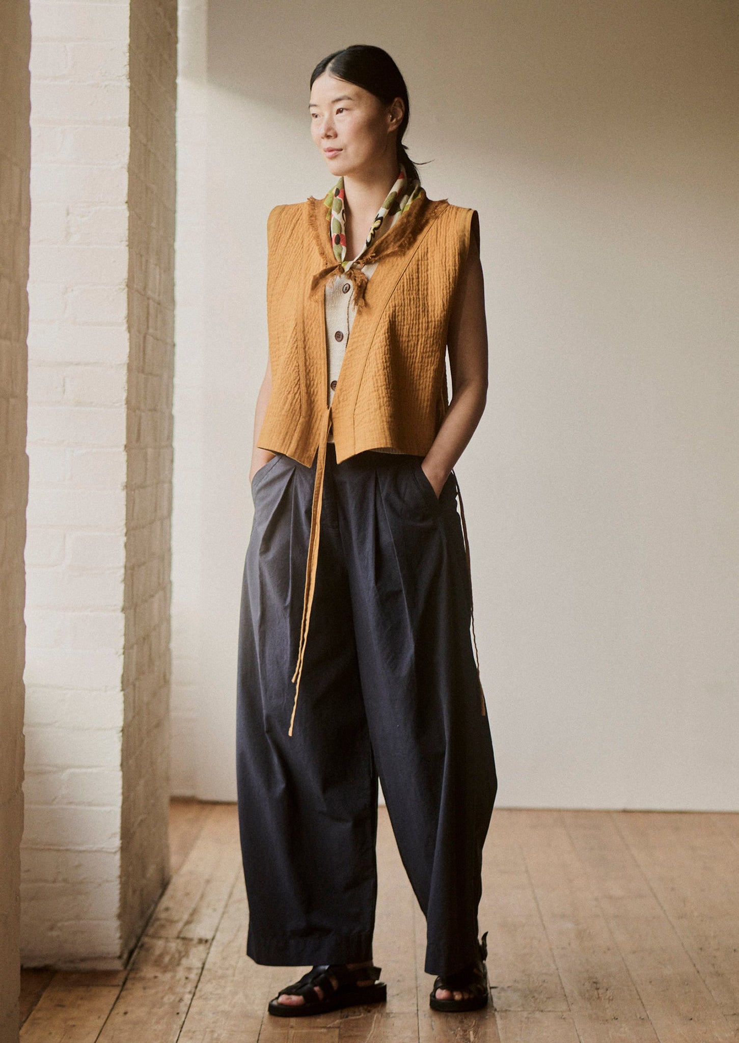 Belted Cotton Linen Poplin Wide Leg Trousers | Raven Blue