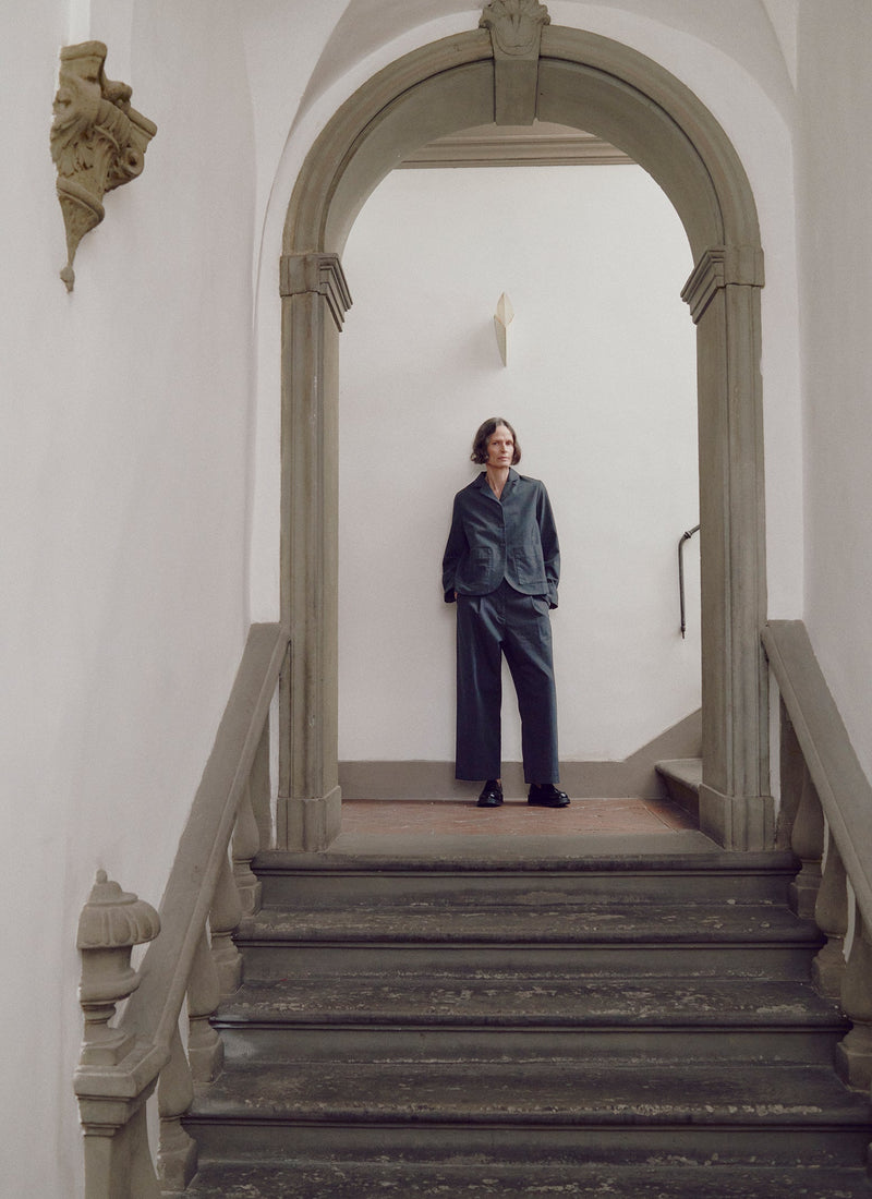 Cotton Wool Herringbone Pleat Front Trousers | Black