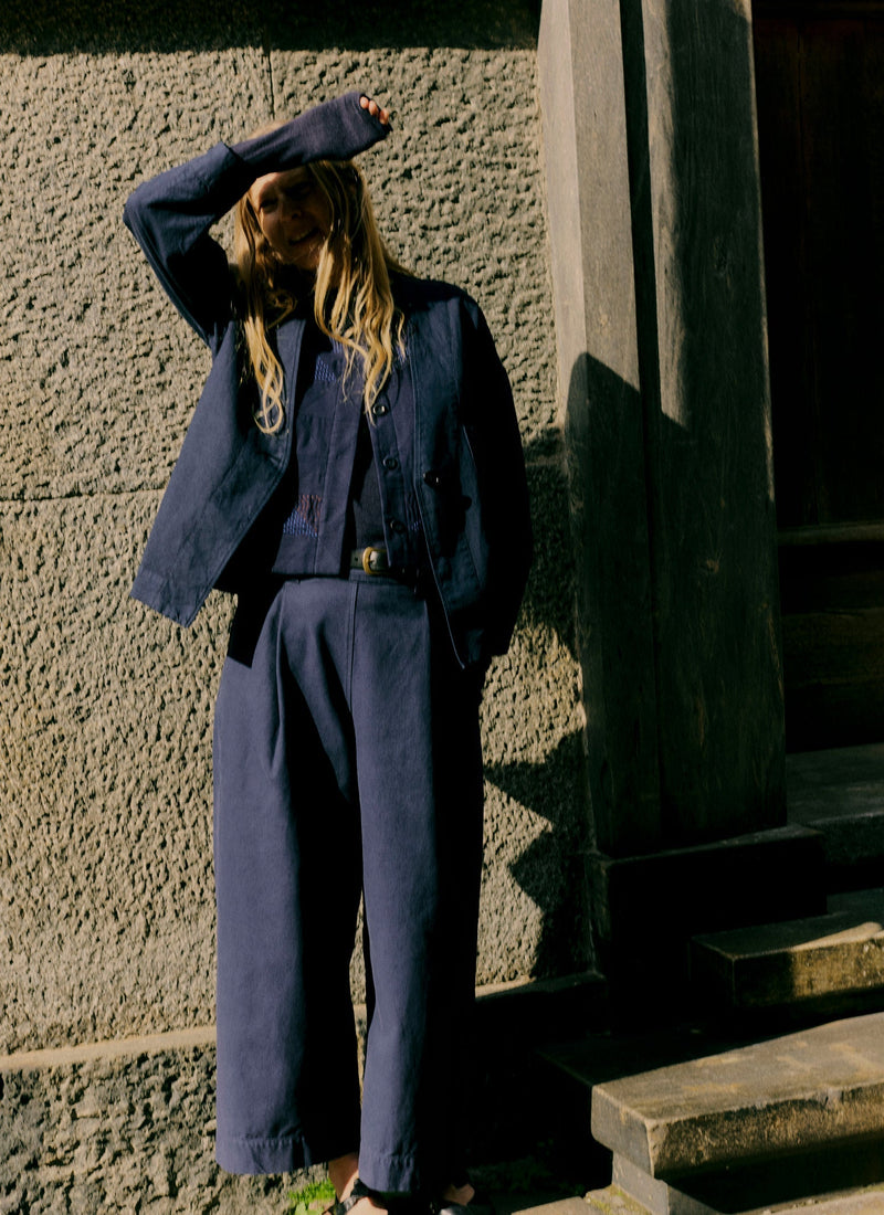 Cotton Canvas Pleat Front Trousers | Blue Navy
