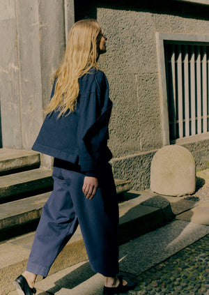 Cotton Canvas Pleat Front Trousers | Blue Navy