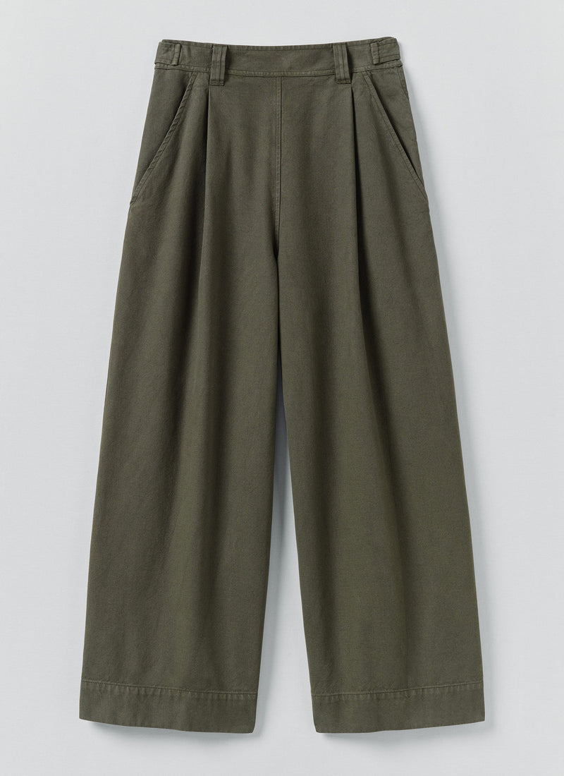 Cotton Canvas Pleat Front Trousers | Dark Olive