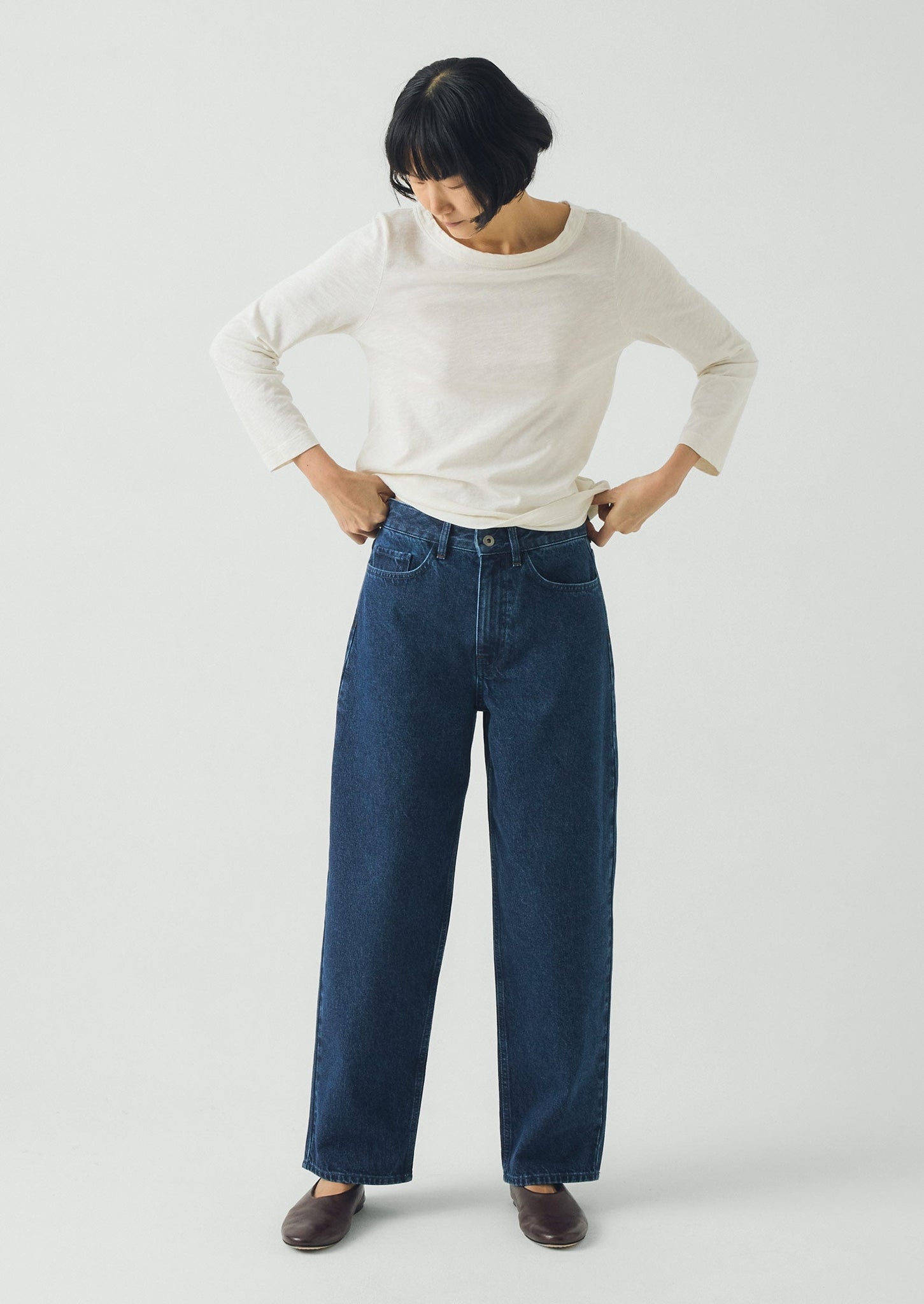 Indigo Denim Tapered Trousers | Mid Blue