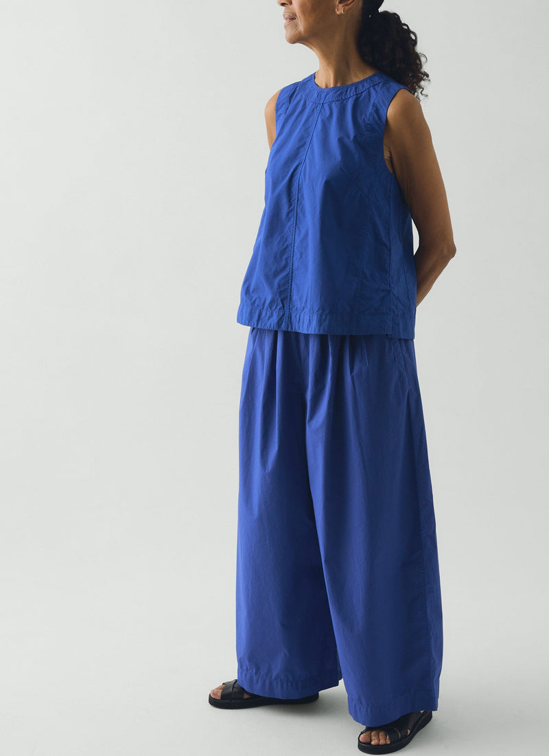 Pleated Pull On Cotton Poplin Trousers | Carmine Blue