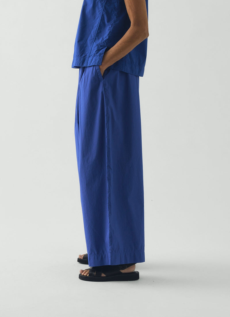 Pleated Pull On Cotton Poplin Trousers | Carmine Blue